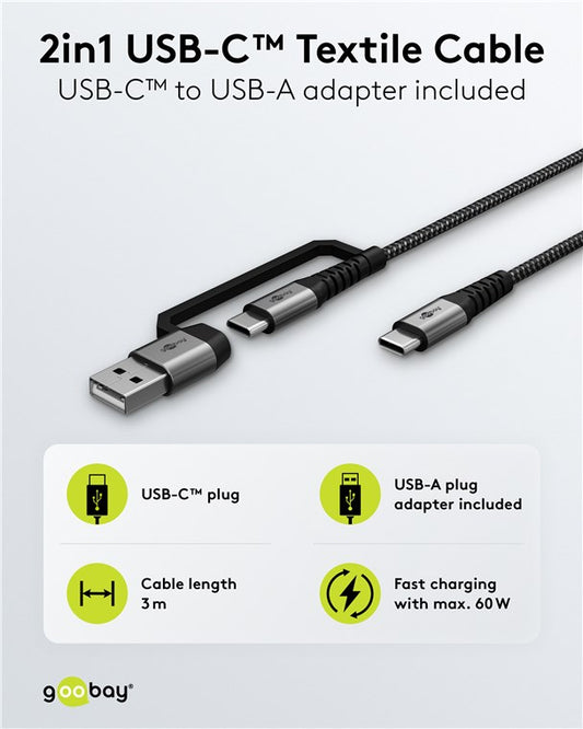 2in1 USB-Textilkabel, spacegrau/silber, 3 m