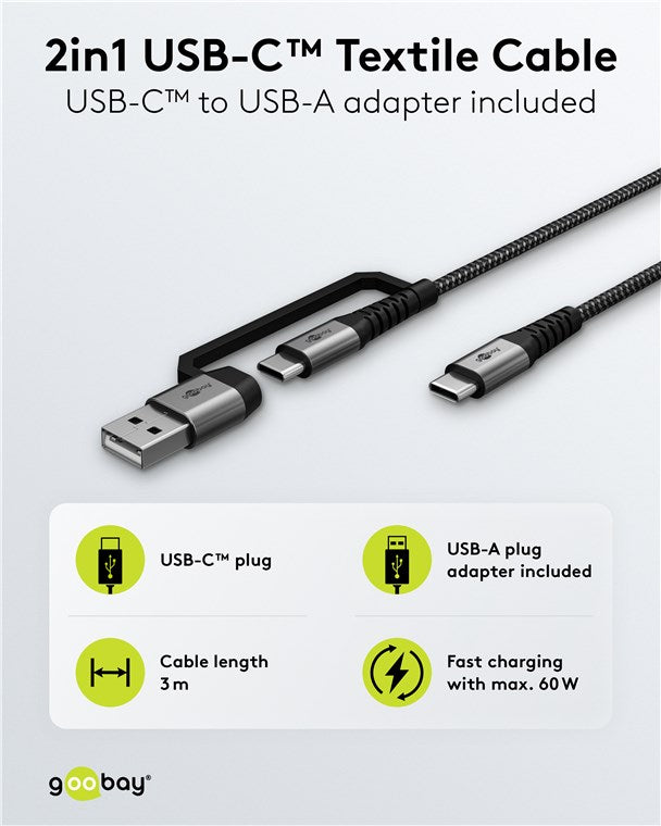 2in1 USB-Textilkabel, spacegrau/silber, 3 m