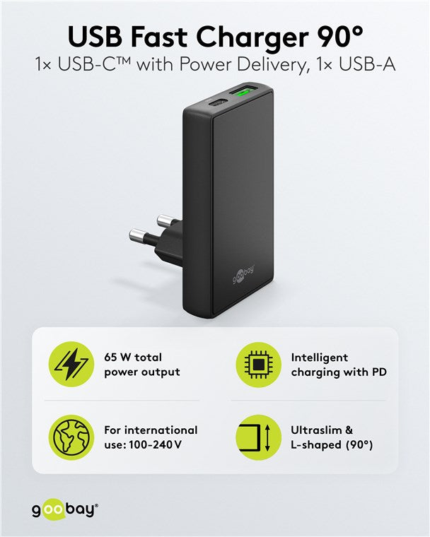USB-C™ PD GaN Dual-Schnellladegerät 90° Flat (65 W) schwarz