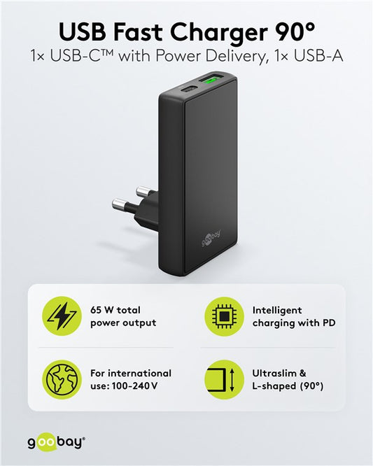USB-C™ PD GaN Dual-Schnellladegerät 90° Flat (65 W) schwarz