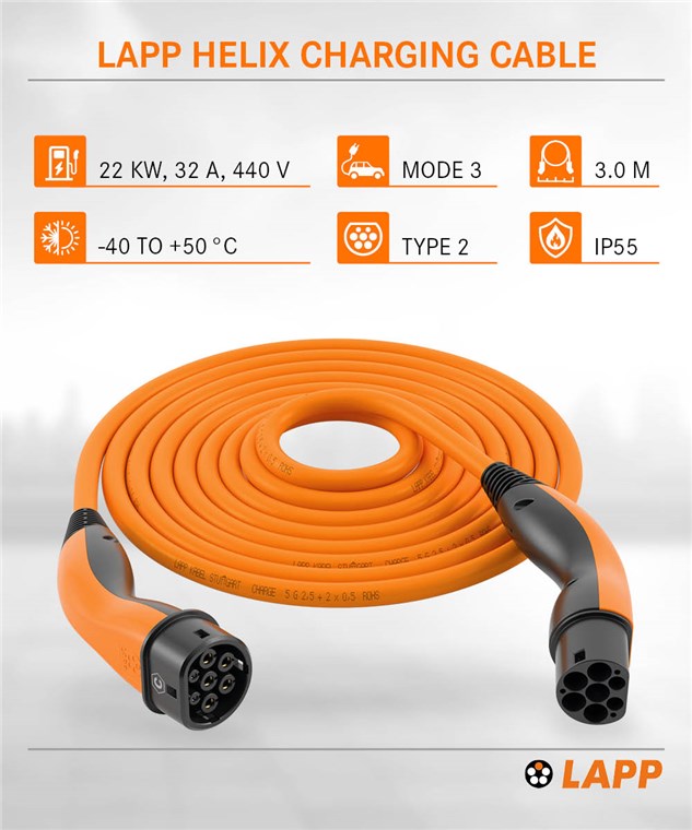 Selbstaufrollendes Ladekabel Typ 2, bis zu 22 kW, 3 m, orange
