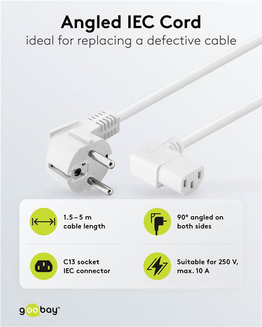 Beidseitig abgewinkeltes Kaltgeräte-Anschlusskabel, 3 m, Weiß, (3*1 mm²)