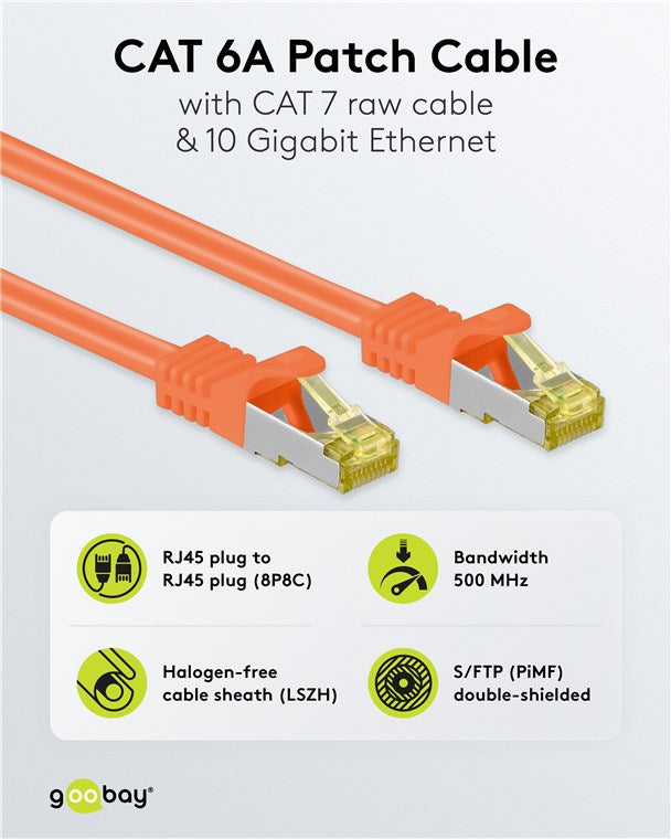 RJ45 patch cable CAT 6A S/FTP (PiMF), 500 MHz with CAT 7 raw cable, orange