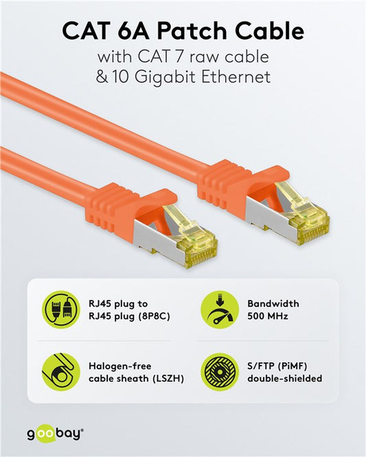 RJ45 patch cable CAT 6A S/FTP (PiMF), 500 MHz with CAT 7 raw cable, orange