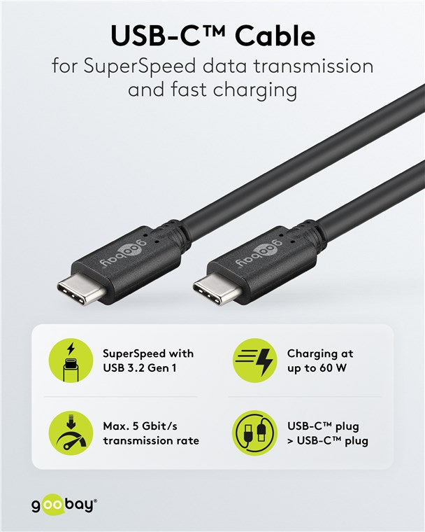 USB-C™-Kabel, USB 3.2, 4K/60 Hz, 60 W, 5 Gbit/s, Power Delivery, 2 m