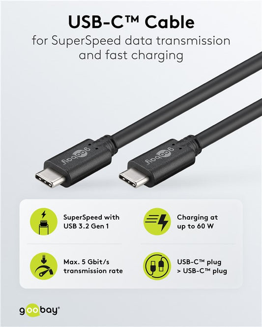USB-C™-Kabel, USB 3.2, 4K/60 Hz, 60 W, 5 Gbit/s, Power Delivery, 1 m