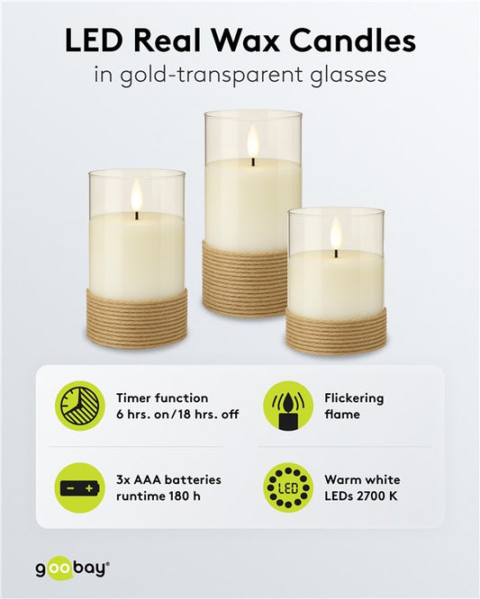 3er-Set LED-Echtwachs-Kerzen im Glas, weiß, mit Hanf umwickelt, inkl. 10x AAA (LR03)