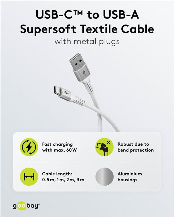 USB-C™ auf USB-A Supersoftes Textilkabel mit Metallsteckern, 3 m, weiß