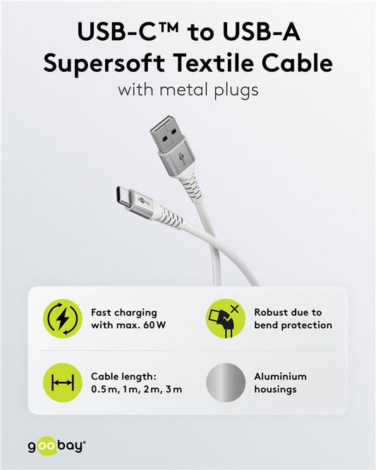 USB-C™ auf USB-A Supersoftes Textilkabel mit Metallsteckern, 3 m, weiß