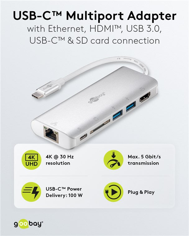 USB-C™-Multiport-Adapter auf HDMI™ 4K @ 30 Hz, USB, Cardreader, RJ45, PD, Alu, silber