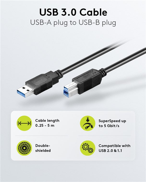 USB-A-auf-USB-B-Kabel, 3 m, schwarz