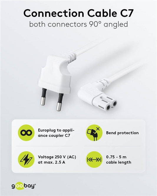 Anschlusskabel Eurostecker beidseitig abgewinkelt, 1 m, Weiß, (2*0,75 mm²)