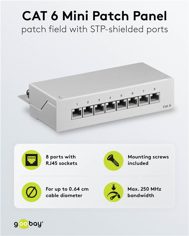 CAT 6 Mini/Desktop Patch Panel, 8 Port, (1 HE)