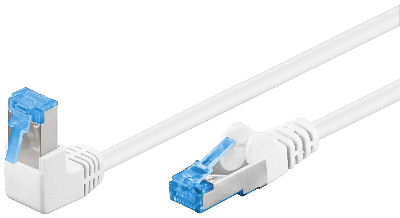 CAT 6A Patchkabel 1x 90° gewinkelt, S/FTP (PiMF), weiß, 0,5 m