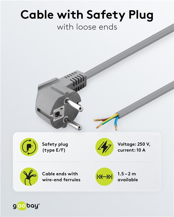 Schutzkontaktkabel abgewinkelt zum Konfektionieren; 2 m, Grau, (3*0,75 mm²)
