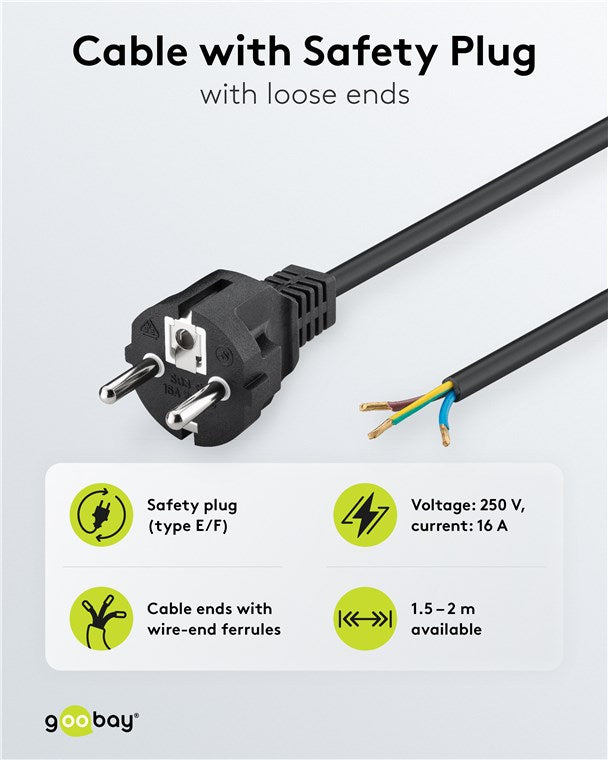 Schutzkontaktkabel zum Konfektionieren, 2 m, Schwarz, (3*1,5 mm²)