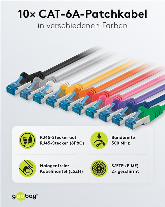 CAT 6A Patchkabel, S/FTP (PiMF), 1 m, Set in 10 Farben