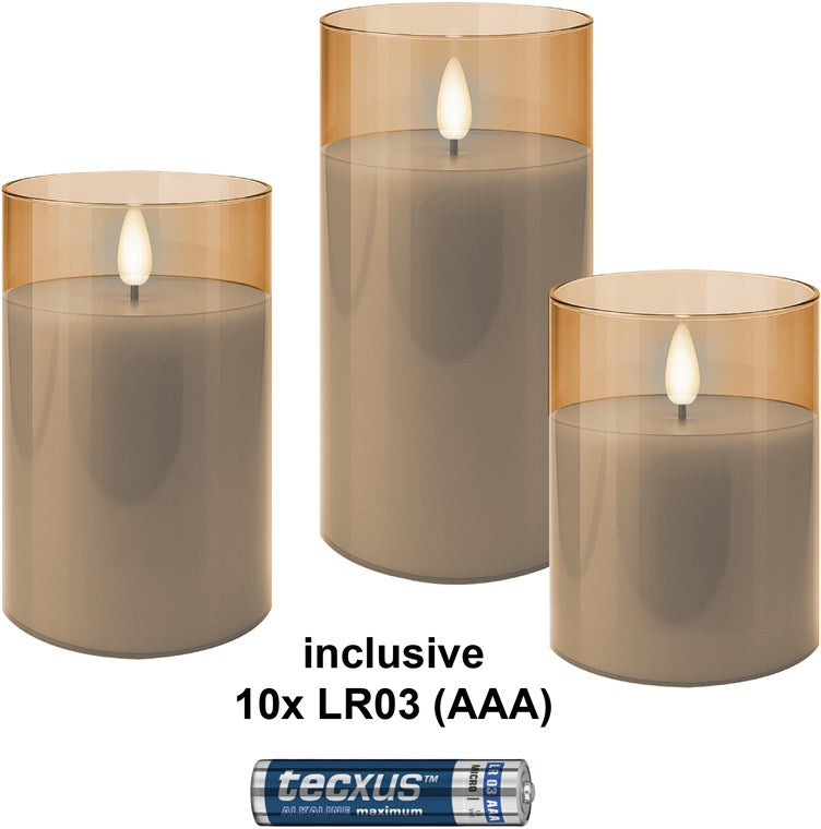 3er-Set LED-Echtwachs-Kerzen im Glas, gold-transparent, inkl. 10x AAA (LR03)