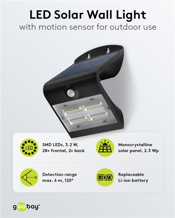 Hareket dedektörlü LED solar duvar lambası, 3,2 W, siyah