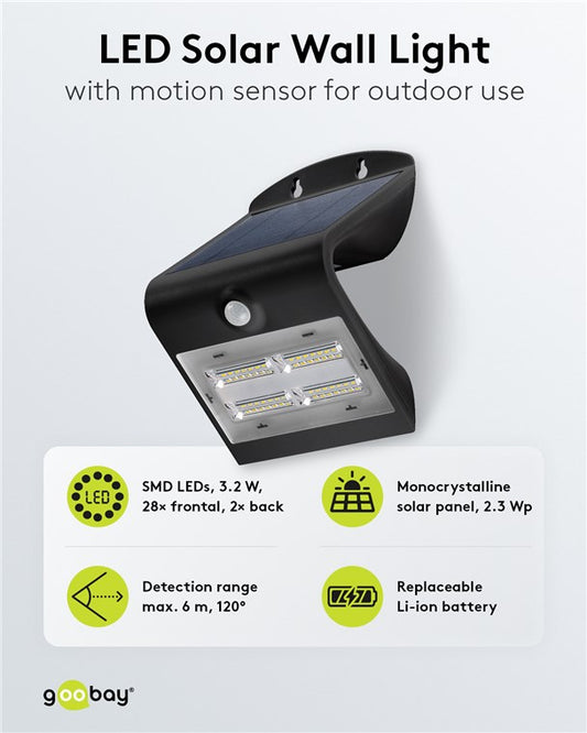 LED-Solar-Wandleuchte mit Bewegungsmelder, 3,2 W, schwarz