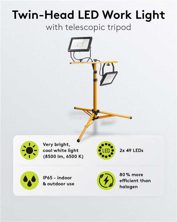 LED construction spotlight with telescopic tripod, 2x 50 W