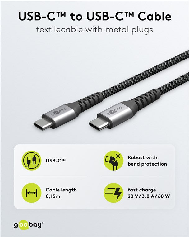 USB-C™-auf-USB-C™-Textilkabel mit Metallsteckern (spacegrau/silber), 0,15 m