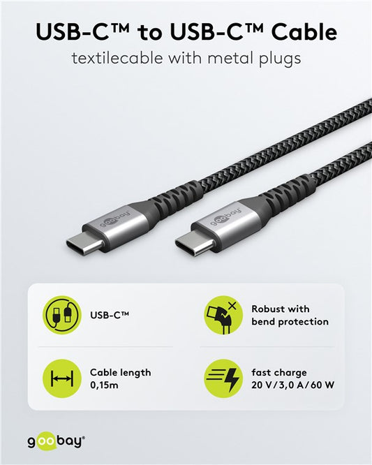 USB-C™-auf-USB-C™-Textilkabel mit Metallsteckern (spacegrau/silber), 0,15 m