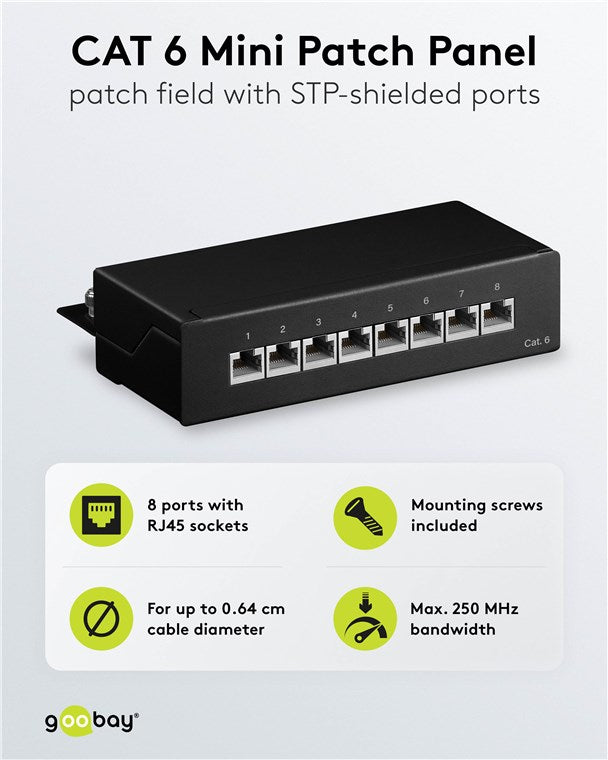 CAT 6 Mini/Desktop Patch Panel, 8 Port, (1 HE)