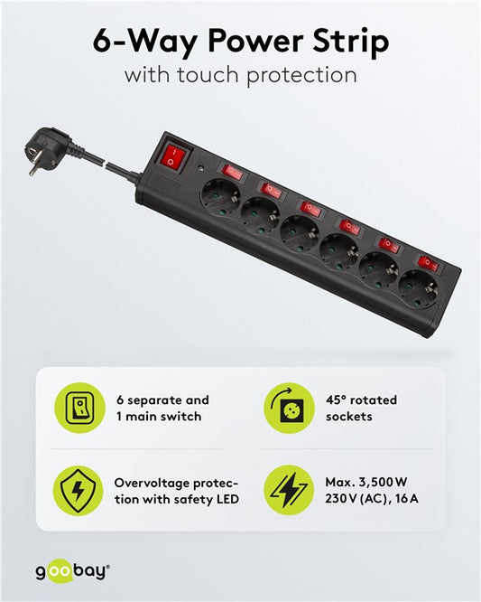 Aşırı gerilim korumalı ve anahtarlı 6 yollu uzatma kablosu, 1,5 m