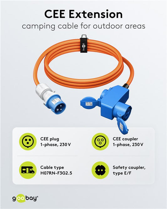 CEE-Adapterleitung, CEE-Stecker auf 90° CEE-Kupplung und Schutzkontakt-Kupplung, 5 m