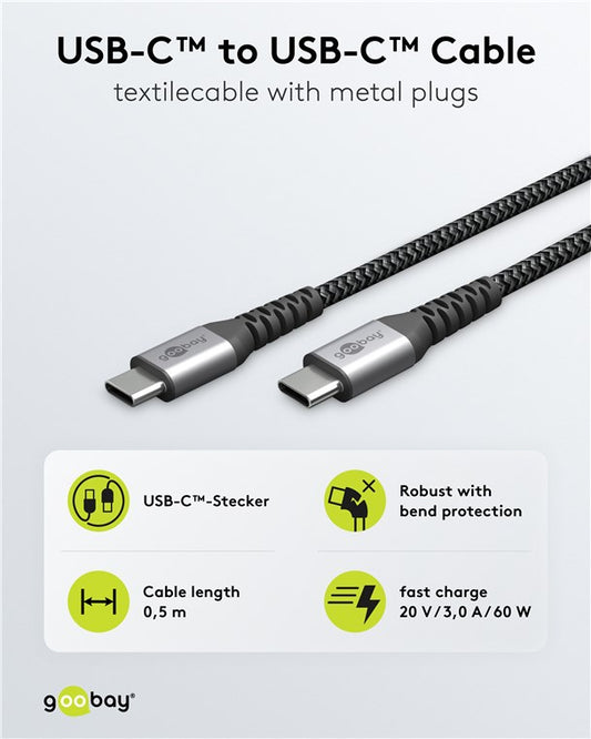 USB-C™-auf-USB-C™-Textilkabel mit Metallsteckern (spacegrau/silber), 0,5 m