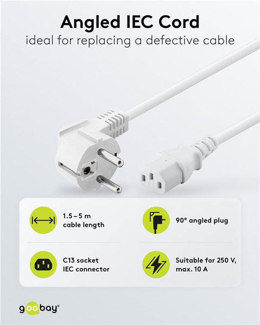Abgewinkeltes Kaltgeräte-Anschlusskabel, 1,5 m, Weiß, (3*0,75 mm²)