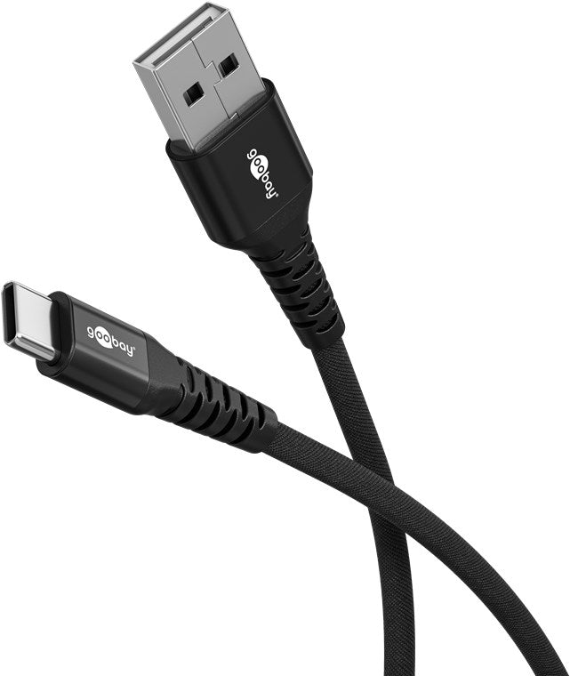 USB-C™ auf USB-A Supersoftes Textilkabel mit Metallsteckern, 2 m, schwarz