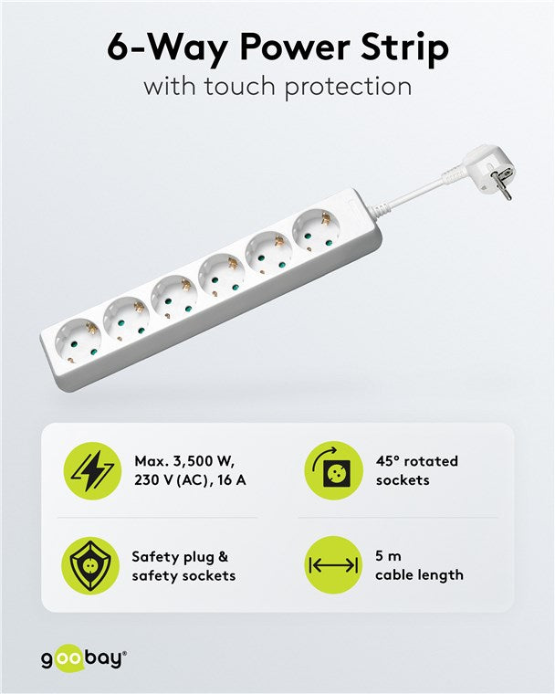 6 yollu uzatma kablosu, 5 m, beyaz