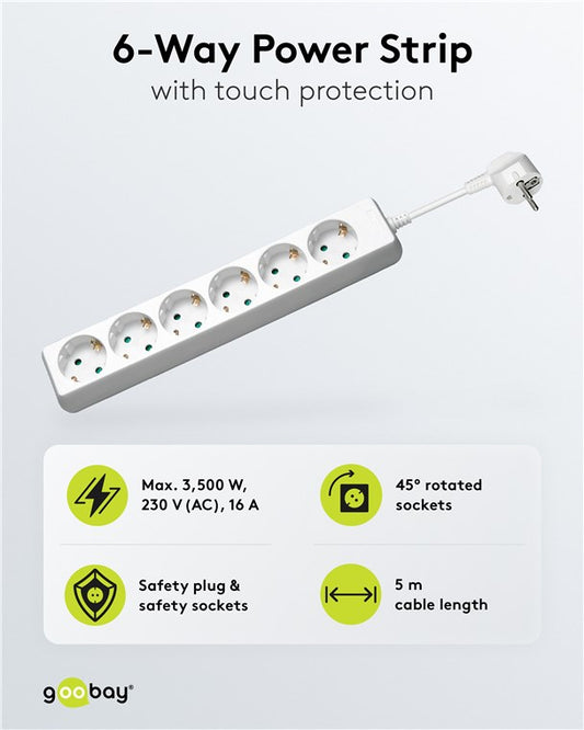 6 yollu uzatma kablosu, 5 m, beyaz