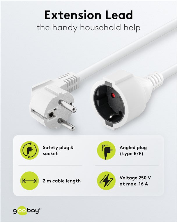 Verlängerungskabel Schutzkontakt, 2 m, weiß, (3*1,5 mm²)
