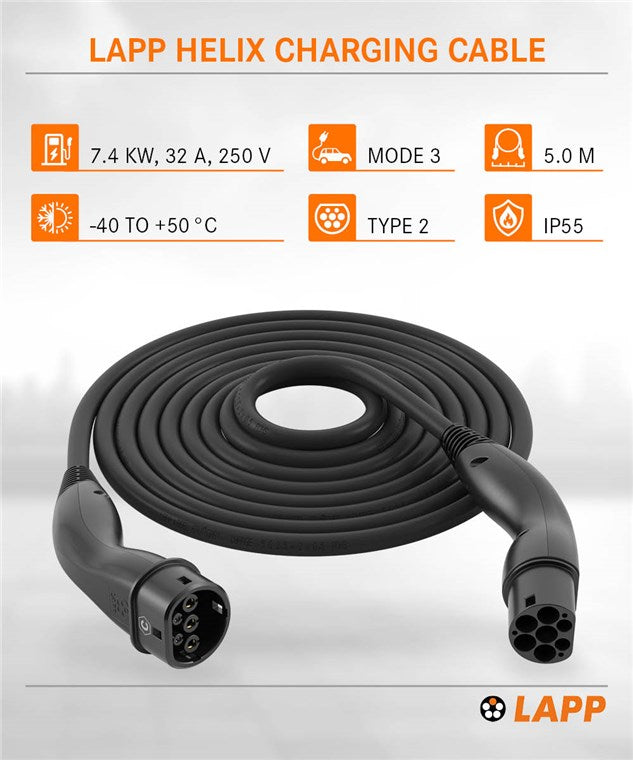 Selbstaufrollendes Ladekabel Typ 2, bis zu 7,4 kW, 5 m, schwarz