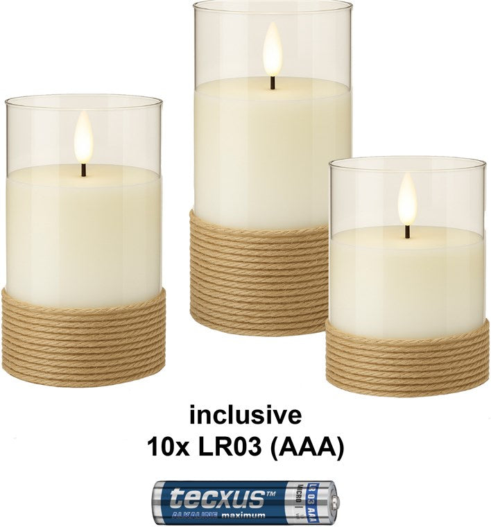 3er-Set LED-Echtwachs-Kerzen im Glas, weiß, mit Hanf umwickelt, inkl. 10x AAA (LR03)