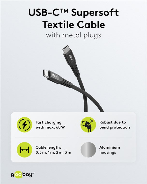 USB-C™ Supersoftes Textilkabel mit Metallsteckern, 3 m, schwarz