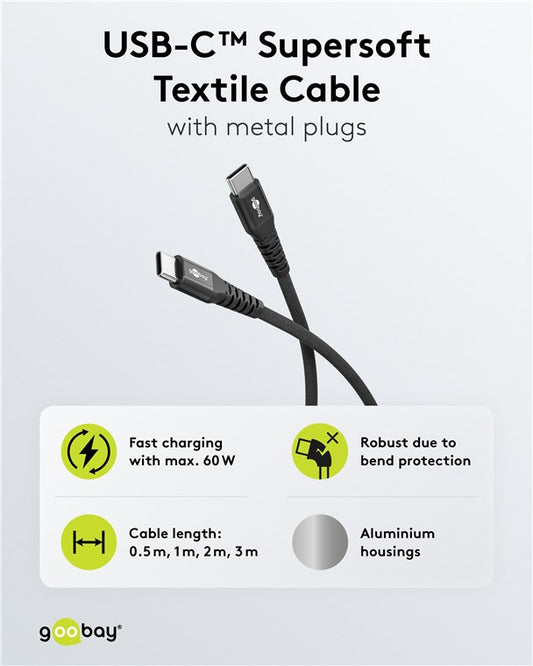 USB-C™ Supersoftes Textilkabel mit Metallsteckern, 1 m, schwarz