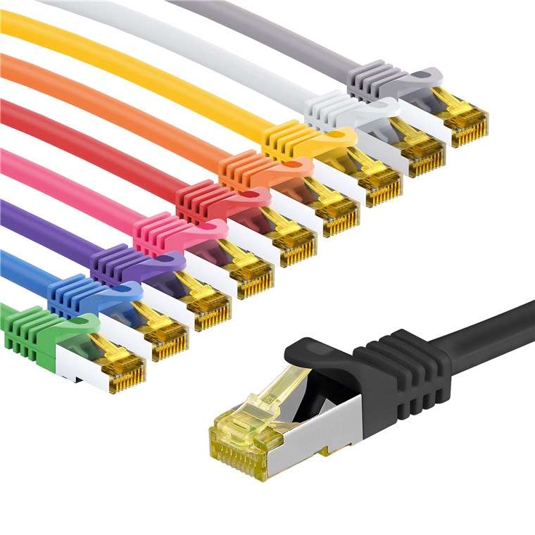 RJ45-Patchkabel CAT 6A S/FTP (PiMF), 500 MHz mit CAT 7 Rohkabel, 3 m, Set in 10 Farben