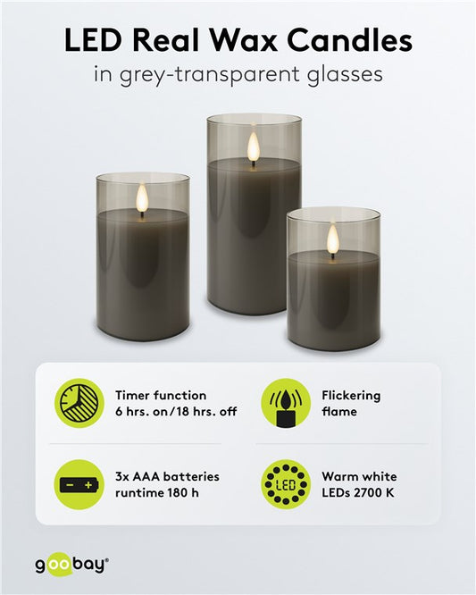 3er-Set LED-Echtwachs-Kerzen im Glas, grau-transparent
