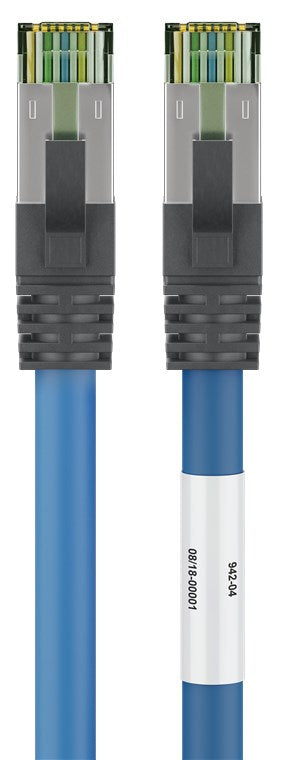 RJ45 (CAT 6A, 500 MHz) patch cable with CAT 8.1 S/FTP raw cable, blue