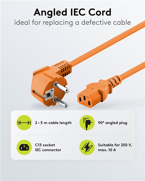 Abgewinkeltes Kaltgeräte-Anschlusskabel, 3 m, Orange, (3*1 mm²)