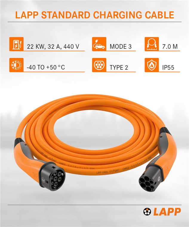 Type 2 charging cable, up to 22 kW, 7 m, orange