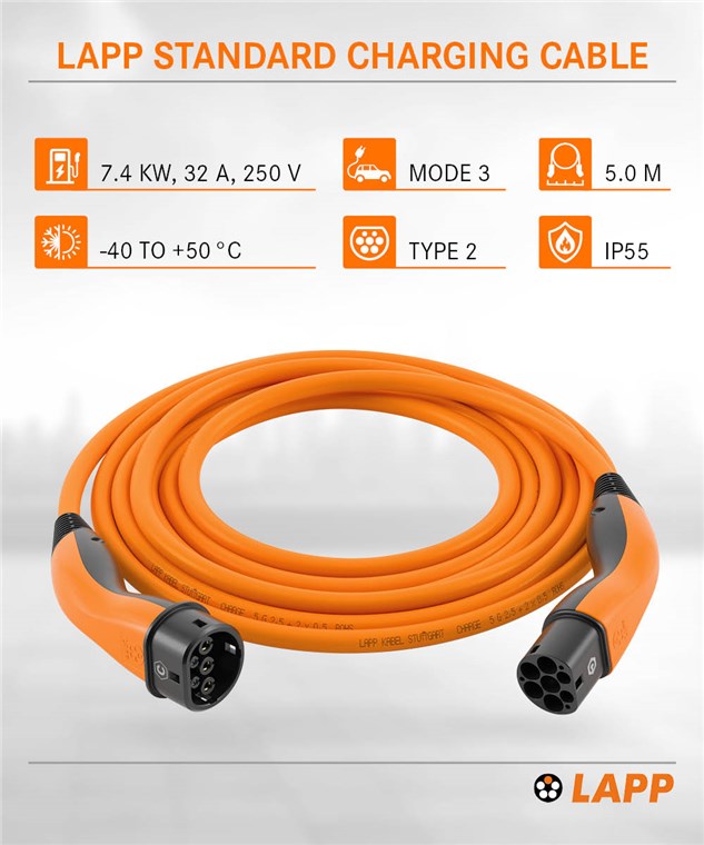 Ladekabel Typ 2, bis zu 7,4 kW, 5 m, orange